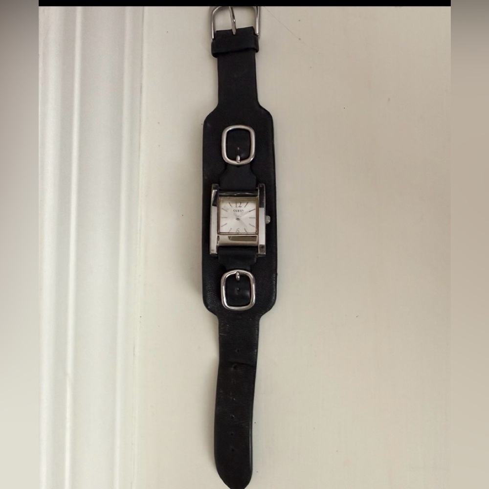 Guess Tank Watch Women’s Silver Tone Black Leather Cuff Needs Battery